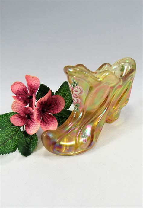 Fenton Shoe Hand Painted With Flowers Marigold Carnival Glass Etsy Carnival Glass Collection