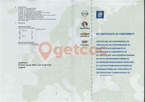 Certificado De Conformidad Opel Coc Opel Oficial Getcoc