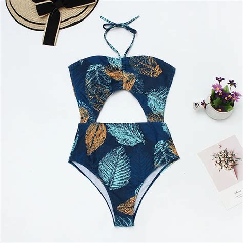 Sexy Cut Out One Piece Bathing Suit Women Swimsuit Leaves Print High