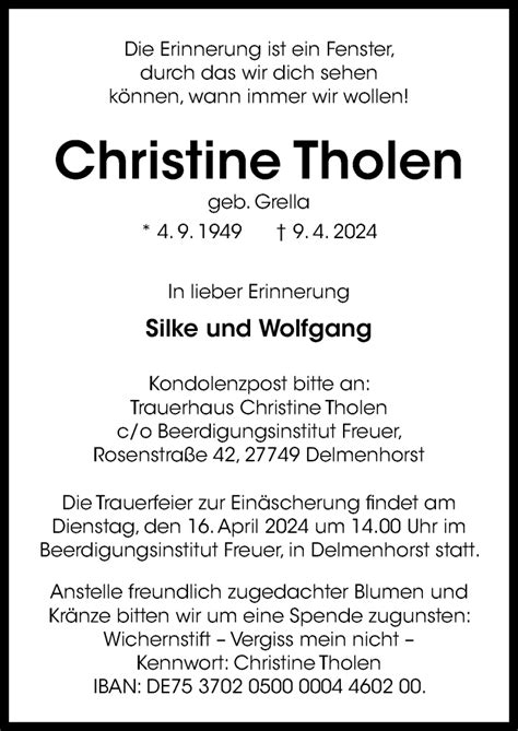 Traueranzeigen Von Christine Tholen Noz Trauerportal