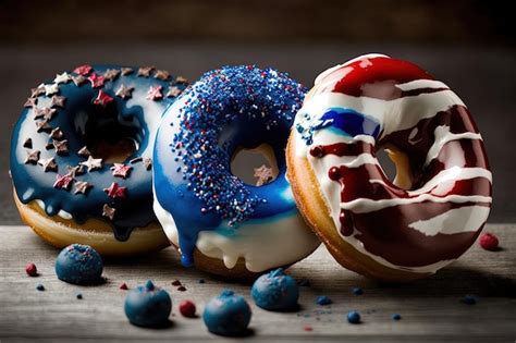 Rood Witte En Blauwe Donuts Met Glazuur Generatieve AI Verse Zoete