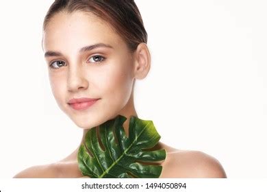 Beautiful Woman Naked Shoulders Green Leaves Stock Photo 1494050894