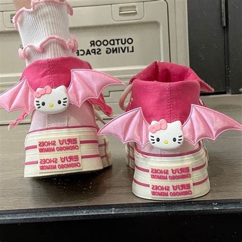 Hello Kitty High Top Canvas Skateboard Sneakers With Bat Wings Clips