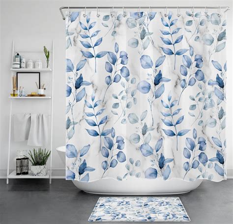 Inpercust Elegant Blue Eucalyptus Leaf Shower Curtain With Grey Marble