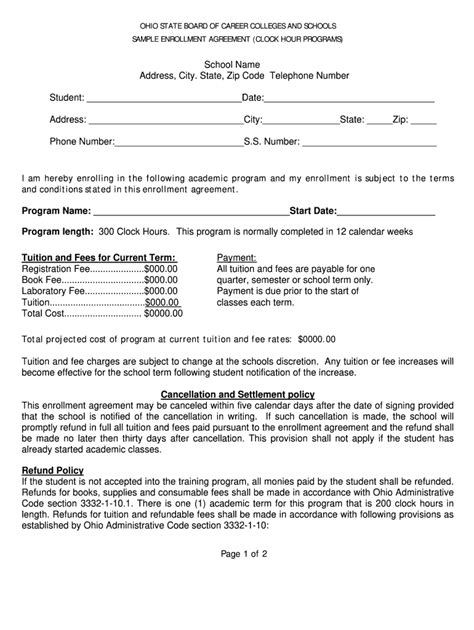 Sample Enrollment Agreement Ohio State Board Of Career Form Fill Out