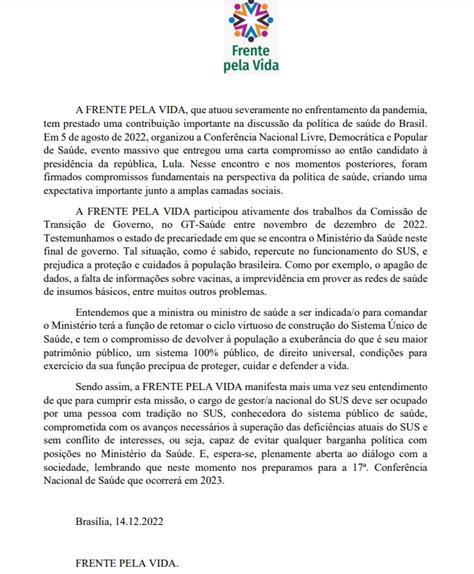 Frente Pela Vida Não à tentativa de negociação do Ministério da Saúde