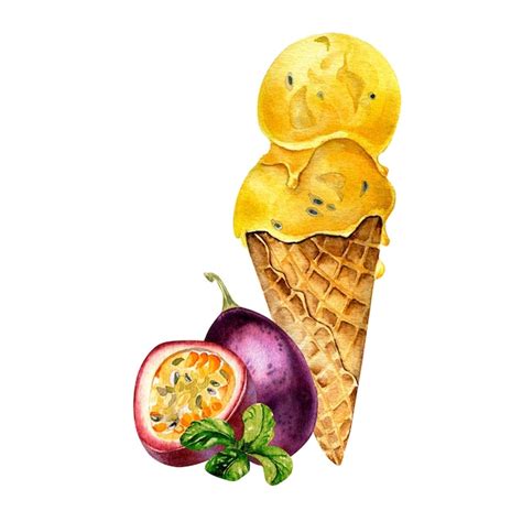 Sorvete De Maracuj Na Ilustra O De Aquarela De Cone De Waffle Isolada