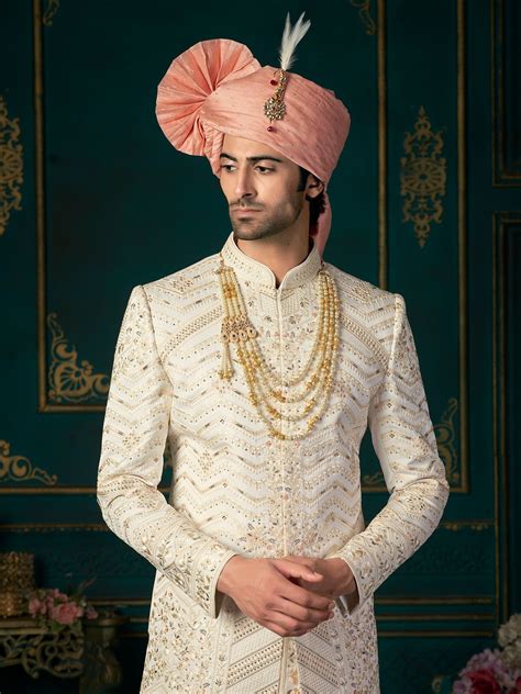 Off White Handwork Embroidered Sherwani In Silk