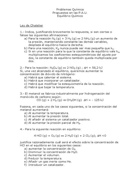 Problemas Equilibrio Quimico 2018 1 Pdf Equilibrio Químico Mole