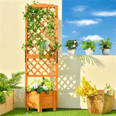 Gymax Raised Garden Bed Wooden Planter W Trellis For Vine Climbing