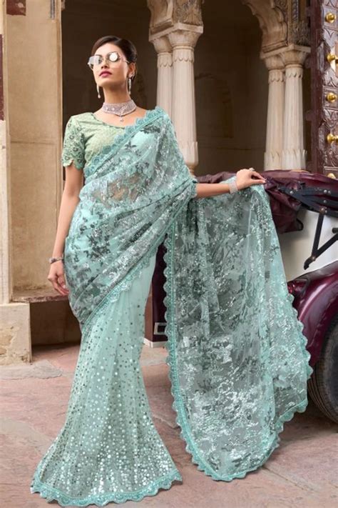 Embroidered Imported Silk Saree In Sea Green Ucchal Fashion