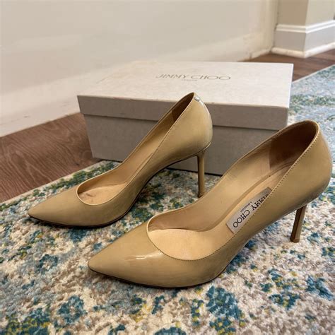 Jimmy Choo Romy 85 Nude Patent Leather Heels Gem