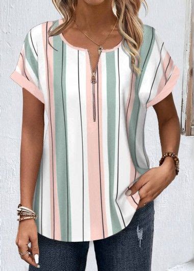 White Zipper Striped Short Sleeve Round Neck Blouse Modlily USD