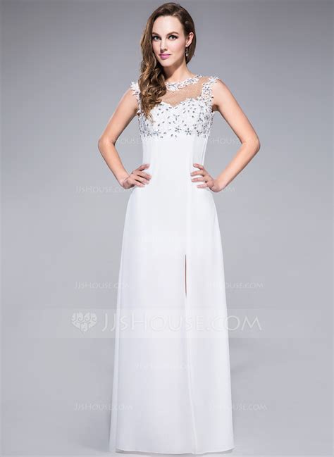 Sheath Column Scoop Neck Floor Length Chiffon Prom Dresses With Lace