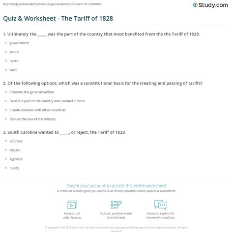 Quiz & Worksheet - The Tariff of 1828 | Study.com