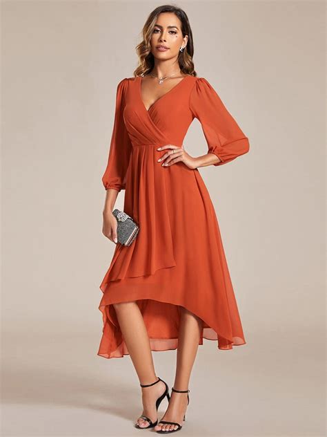 Elegant Long Sleeve V Neck High Low Chiffon Wedding Guest Dress Guest Dresses Chiffon Midi