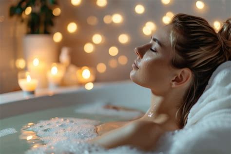 Premium Photo Woman Taking A Warm Bath With Candles And Essential