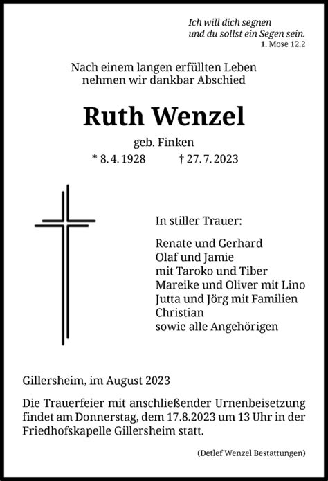 Traueranzeigen Von Ruth Wenzel Trauer Hna De