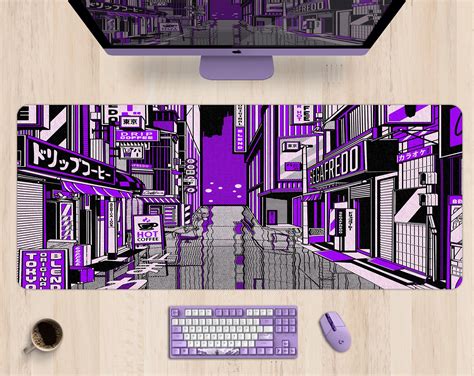 Tokyo Street Desk Mat Japanese Xxl Gaming Desk Mat Purple Aesthetics