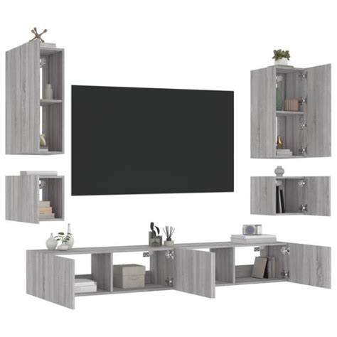 Meuble TV muraux 6 pcs avec lumières LED sonoma gris EAN