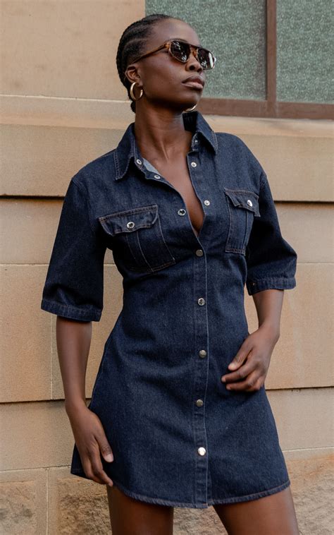 Leilani Mini Dress Denim Short Sleeve Button Up Dress In Indigo Denim