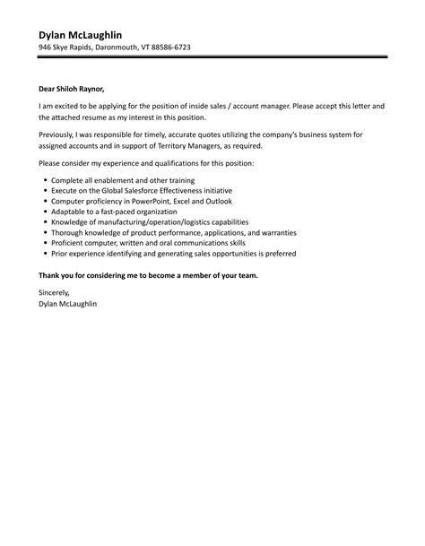 Inside Sales Account Manager Cover Letter Velvet Jobs