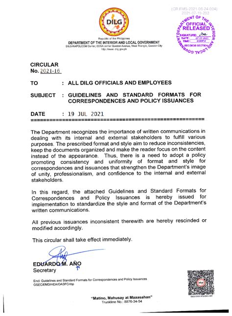 Guidelines and Formats for Official Correspondences - Circular 2021-16