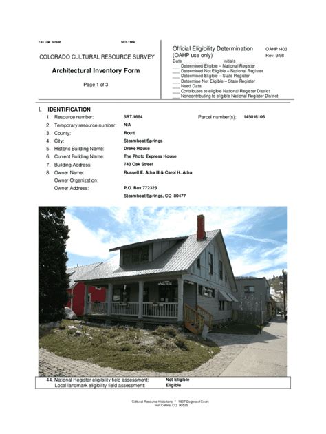 Fillable Online Architectural Inventory Form Steamboat Springs Fax