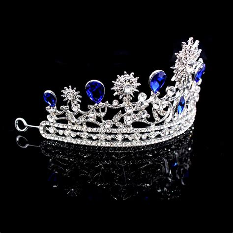 Luxurious Royal Blue Crystal Crown Bridal Rhinestone Tiara Headpiece