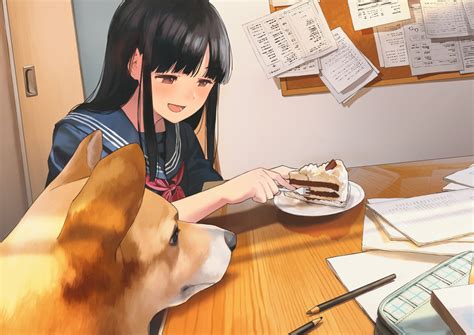 Safebooru 1girl Bangs Black Hair Blunt Bangs Bulletin Board Dog Food