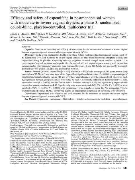 Pdf Efficacy And Safety Of Ospemifene In Postmenopausal Women With