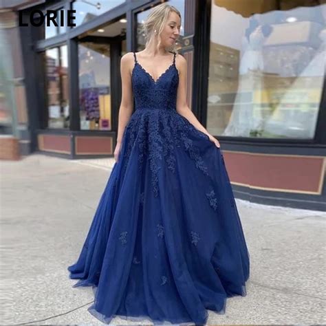 LORIE 2020 Vestidos De Noche Azul Marino Con Cuello En V Tirantes