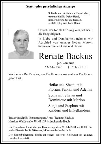 Traueranzeigen Von Renate Backus Trauer Und Gedenken