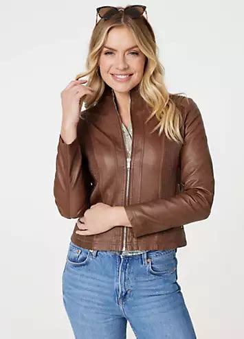 Izabel London Tan Zip Front Faux Leather Jacket Freemans