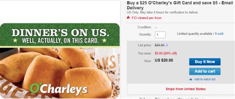 eBay O’Charley’s Gift Card Promotion: $25 GC for $20