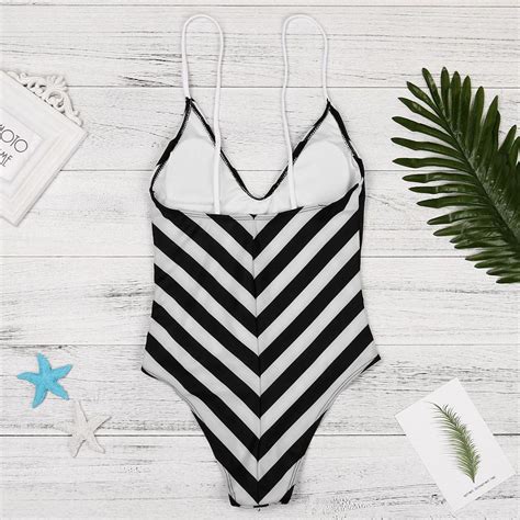 Sexy Women Bikini Set Stripe Printing Hang Neck Swimmer Push Up