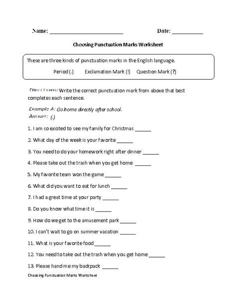 Punctuation Worksheets Choosing A Punctuation Mark Worksheet