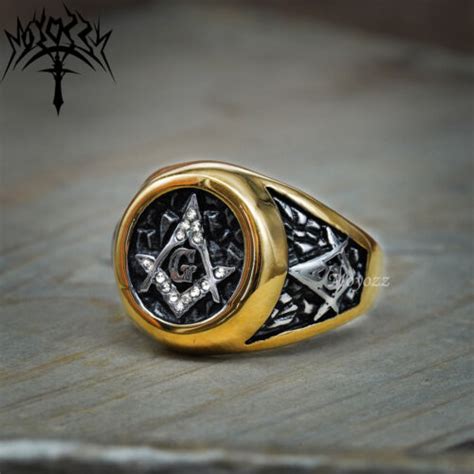 Masonic G Ring Freemason Men Stainless Steel Crystal Gold Pillar US 7