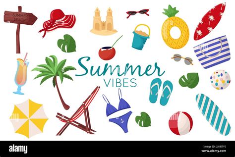 Set Of Cute Summer Elements Surfboard Cocktail Bag Hat Palm Tree Bikini Flip Flops Beach