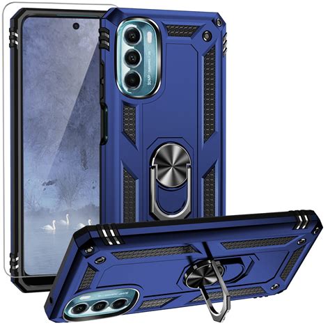 Tjs Moto G 5g 2022 Case Tempered Glass Metal Ring Kickstand Shockproof Blue