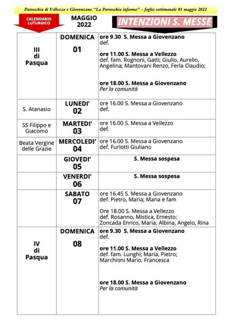 Calendario Liturgico Dal 1 Al 8 Maggio 2022