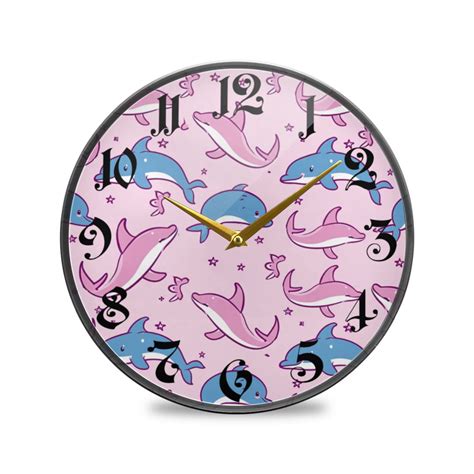 Round Silent Wall Clocks Cartoon Dolphins Acrylic Battery Operated