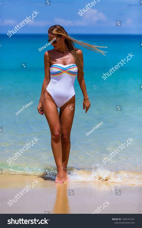 Sexy Slim Woman White Bikini Walking Stock Photo Shutterstock