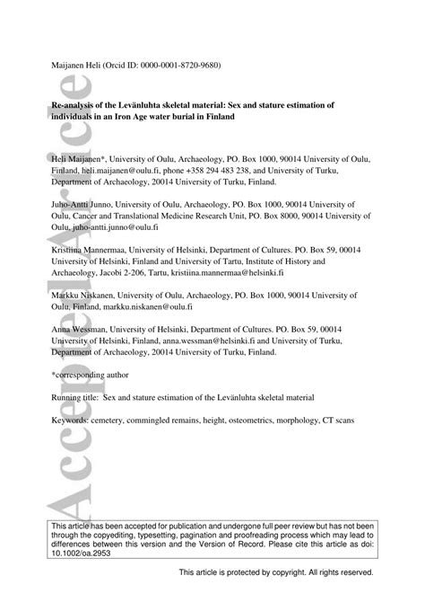 Pdf Reanalysis Of The Lev Nluhta Skeletal Material Sex And Stature Estimation Of Individuals