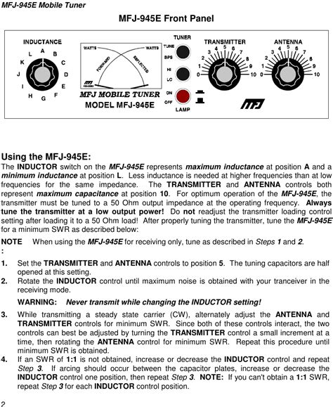 MFJ 945E MOBILE TUNER. Antenna Tuner Manual