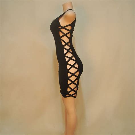 Sexy Black Lace Up Open Side Stretch Club Party Dress Womens Sleeveless Short Bodycon Mini Dress