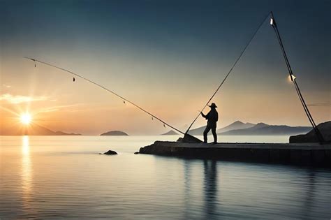 Un Hombre Pescando En Un Muelle Al Atardecer Foto Premium