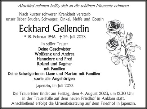 Traueranzeigen Von Eckhard Gellendin Trauer Nordkurier