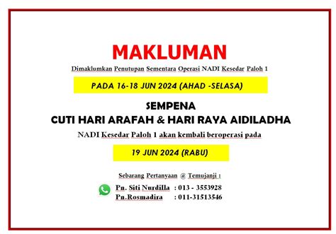 Notis Penutupan Sementara Nadi Kesedar Paloh Sempena Cuti Hari Raya