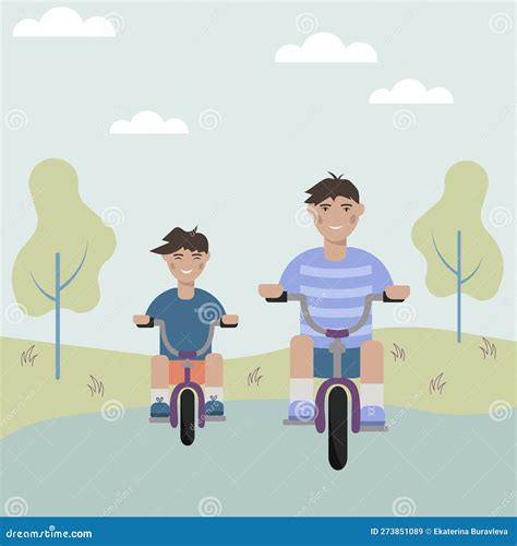 Active Holidays Father And Son Are Riding Bikes Stock Vector